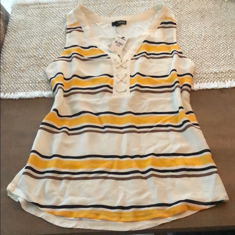 Express Yellow & Navy Stripe Lace up Blouse XS NWT